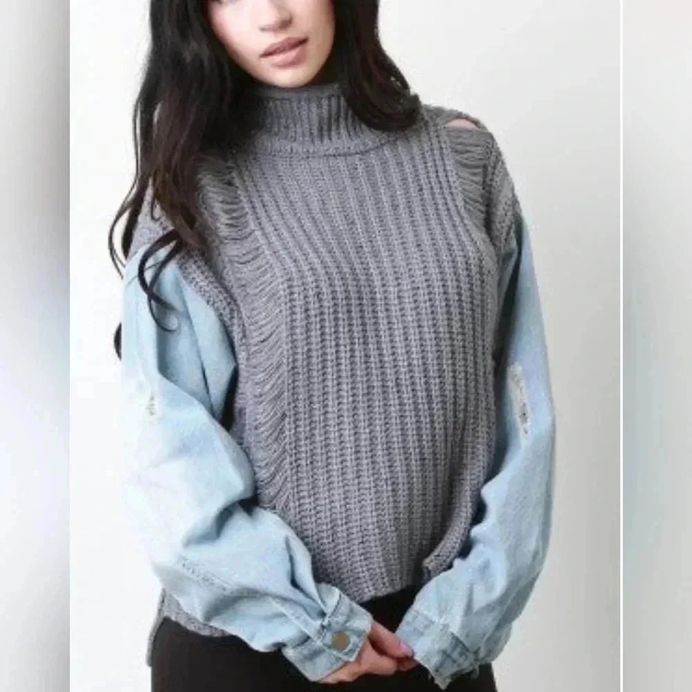 Instinct over Reason Shredded Turtle Neck Denim Sleeves Sweater. Size Medium